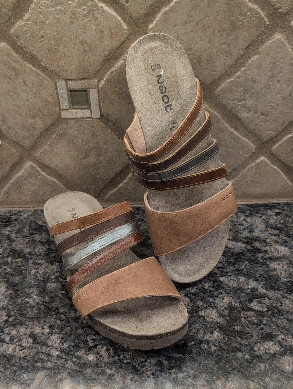 Naot Women’s Multi-Stripe Brown Leather Peyton Slide Sandals